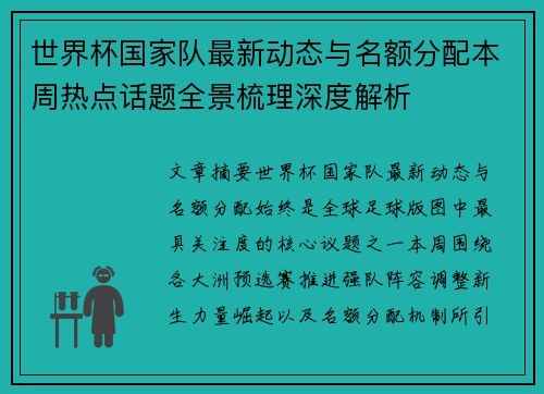世界杯国家队最新动态与名额分配本周热点话题全景梳理深度解析
