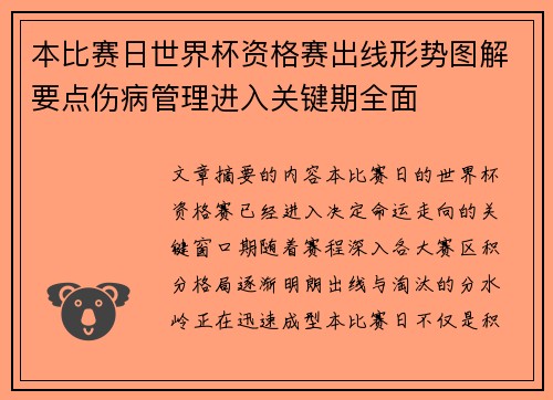 本比赛日世界杯资格赛出线形势图解要点伤病管理进入关键期全面